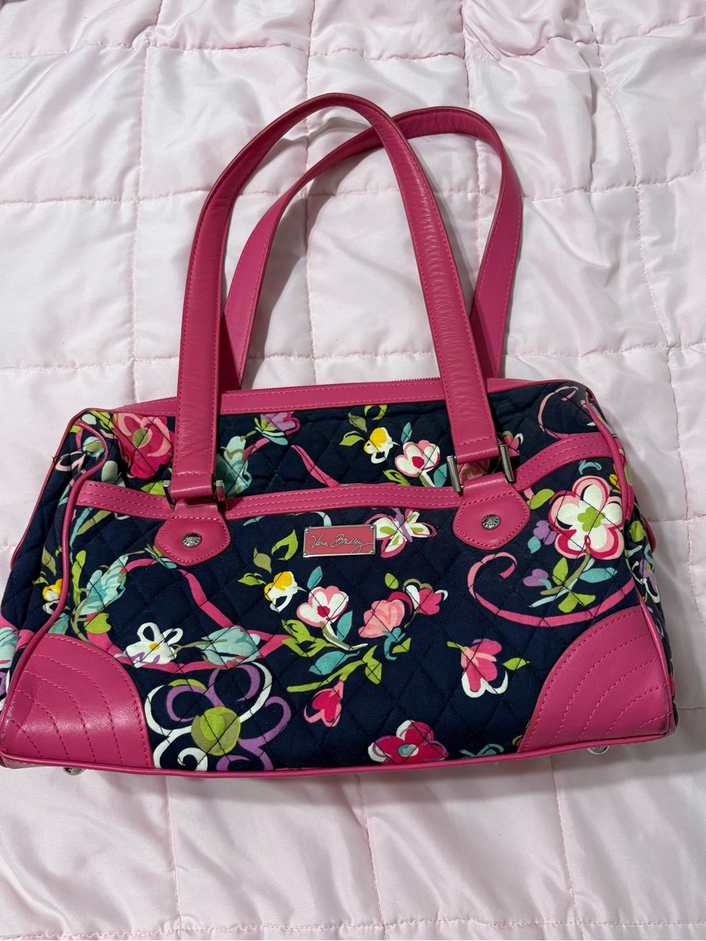 Vera Bradley Pink Trim Floral Quilted Tote on Navy